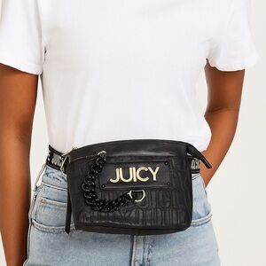 Vtg Y2k Juicy Couture Mini Bag Purse Fanny Pack Waist Belt Black Chain Quilted
